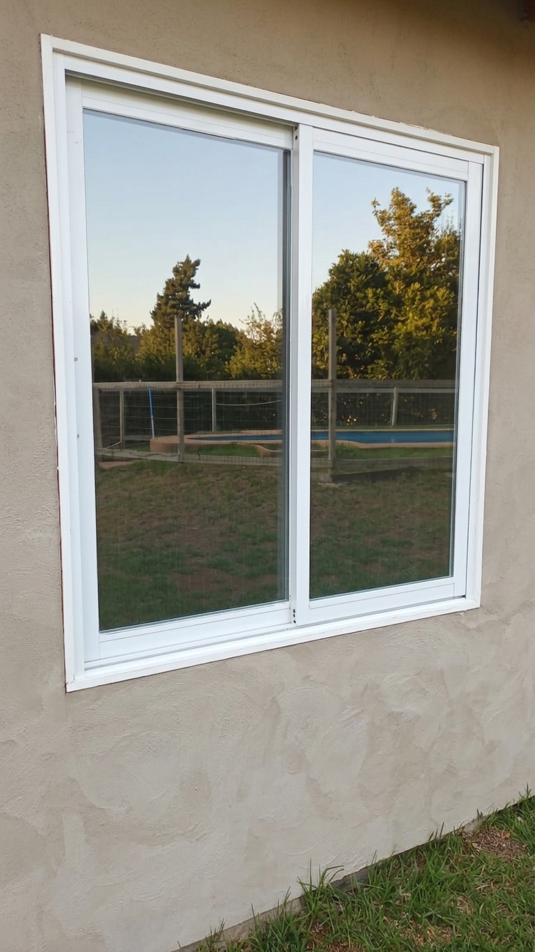 Detalle de ventana corredera exterior — reflejo y sello impecable