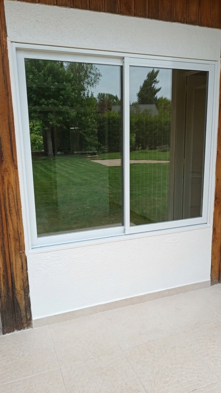 Ventana corredera exterior sobre muro blanco — sello hermético