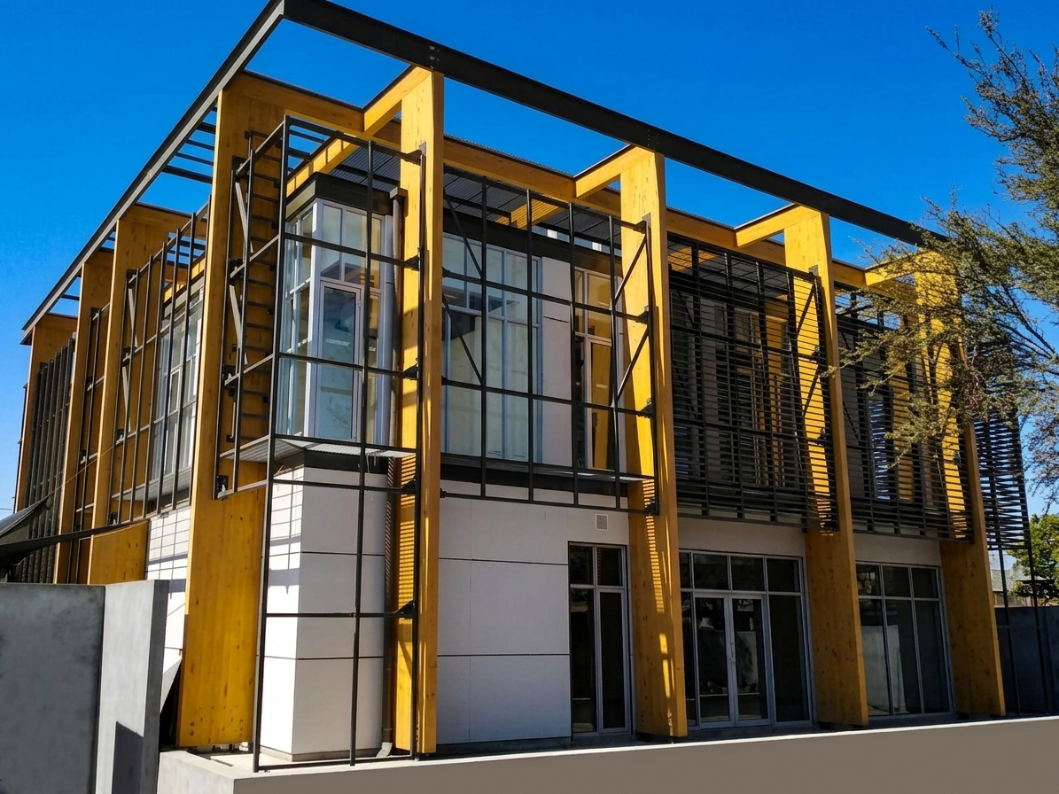 Edificio moderno de madera laminada con grandes ventanales instalados por Vidriería al Costo