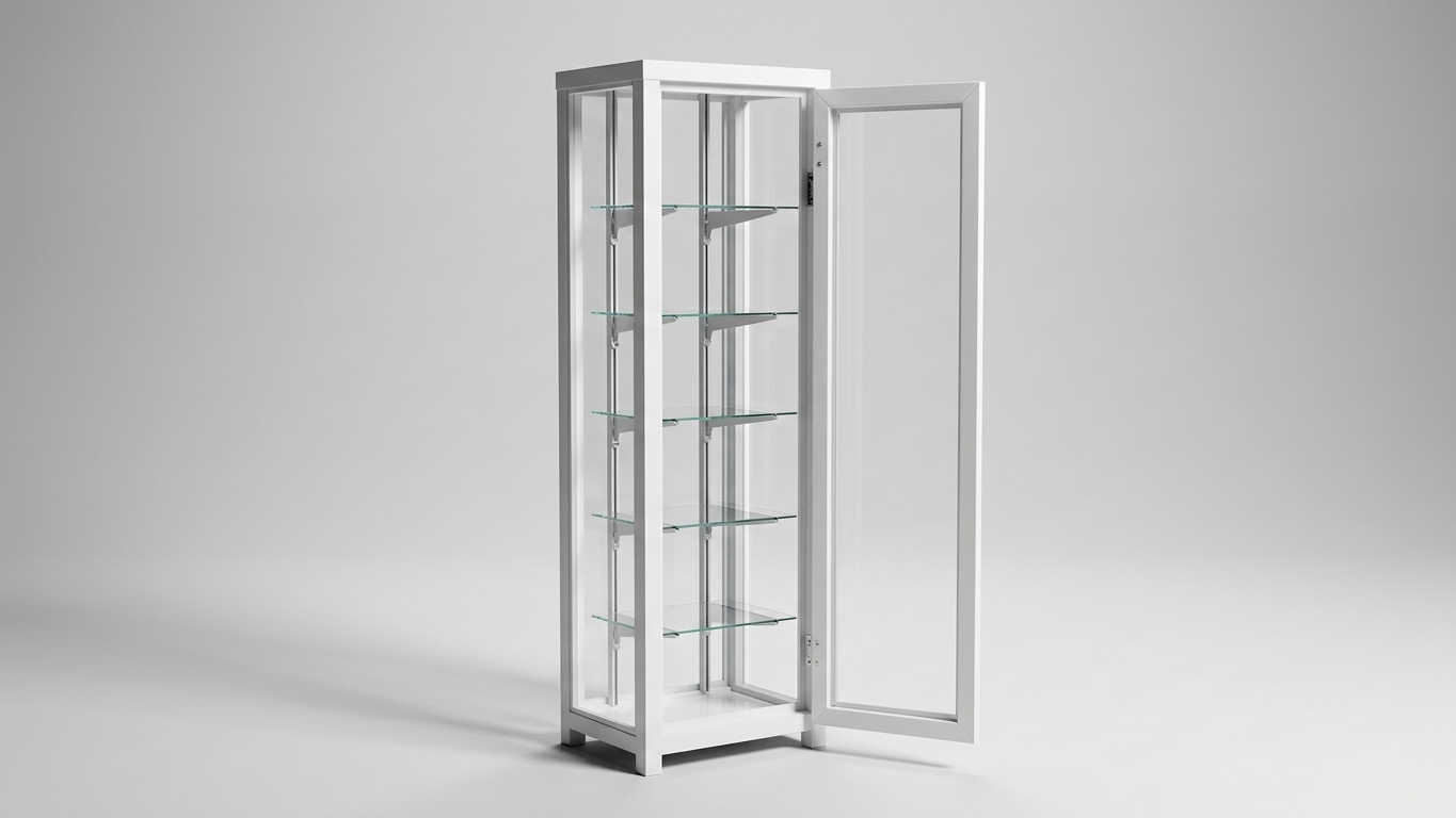 Vitrina de aluminio con puerta abierta — detalle de herrajes